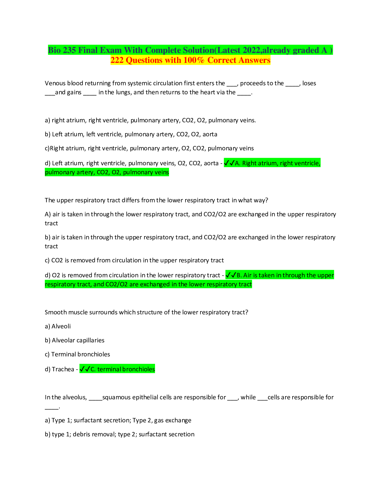 Preview image for Bio 235 Final Exam With Complete Solution(Latest 2022,already graded A ) 222 Questions with 100% Correct Answers